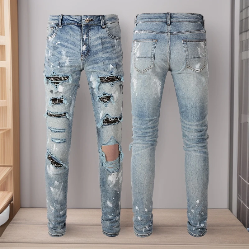 

Men's graffiti slim-fit high street jeans men's trendy brand paint diamond-encrusted hole patch American men's pants