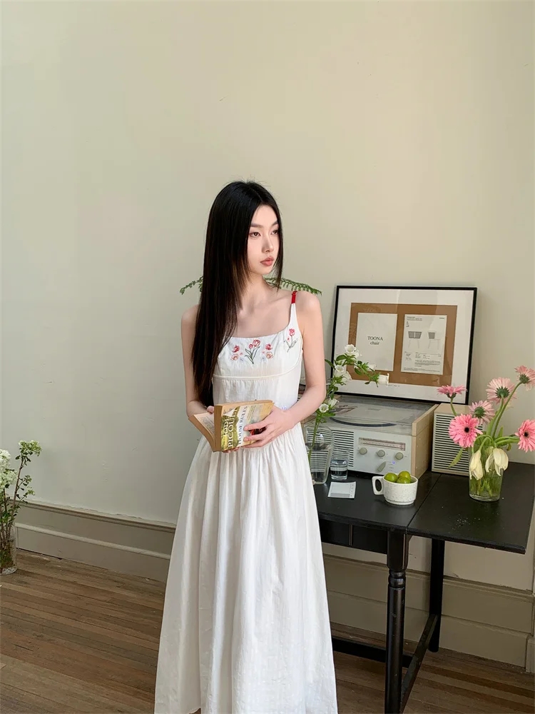 CHEERART Floral Embroidery White Long Dresses Summer 2024 Sundress Sleeveless A Line Midi Slip Vacation Dress For Women Holiday