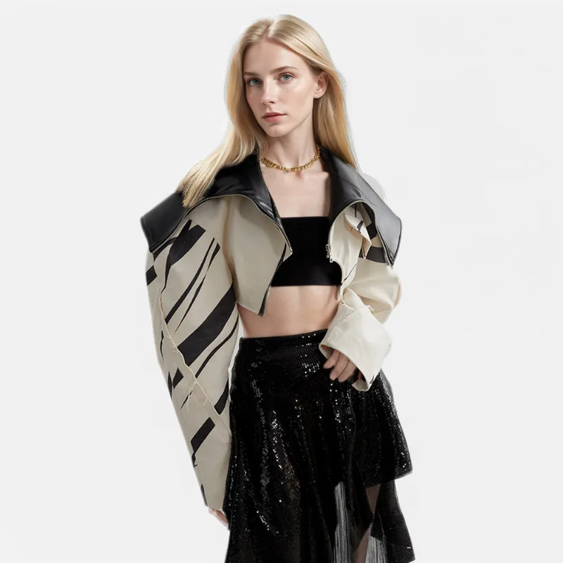 

Модная женская укороченная куртка-бомбер с контрастными вставками, большим отложным воротником, на молнии, с длинными рукавами, весна 2026