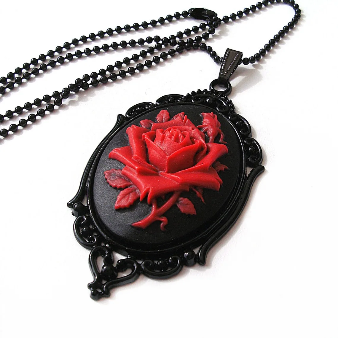 Victorian Black and Red Rose Cameo Necklace, Vintage Gothic  Necklace in Ornate Black, 24”Chain