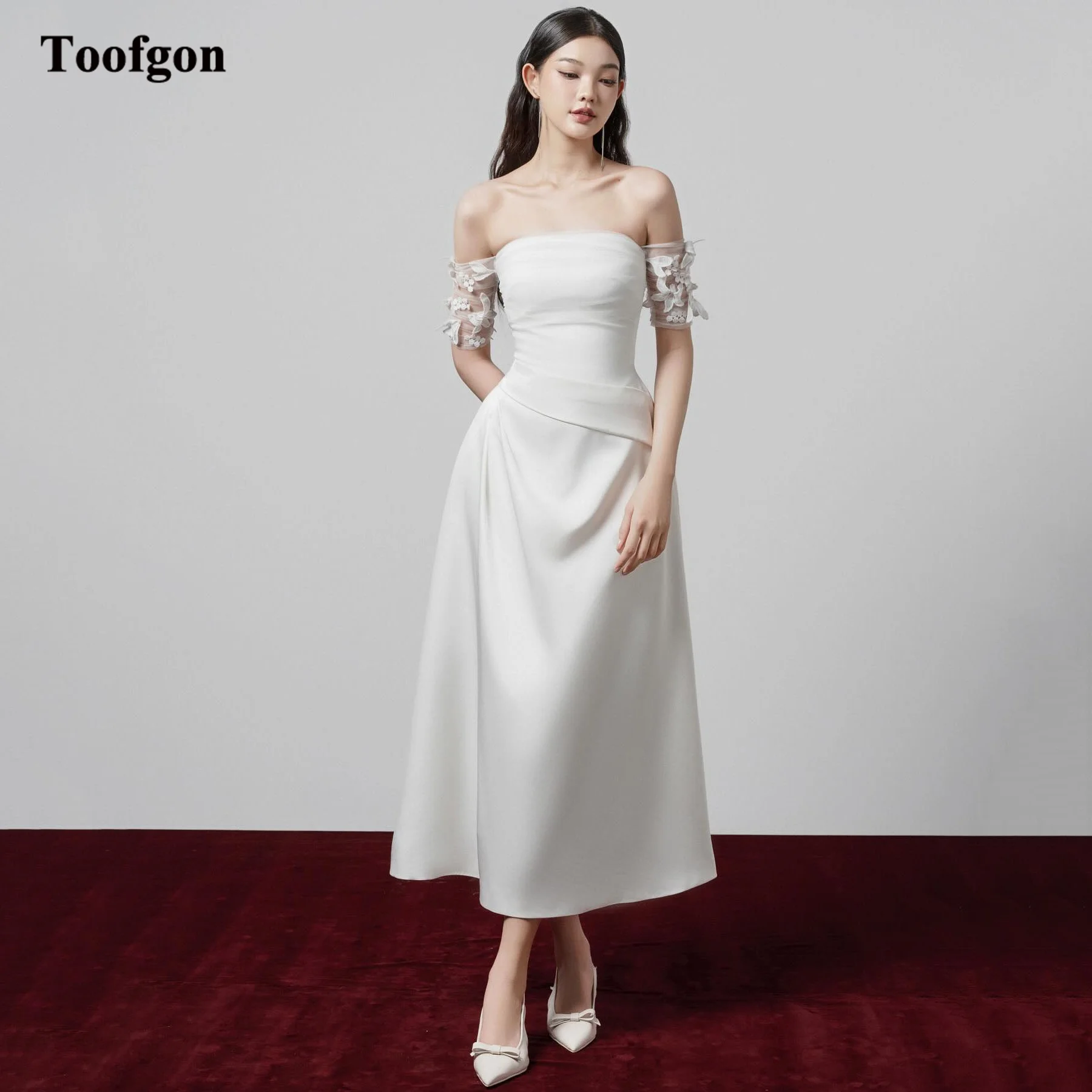 

Toofgon A Line Satin Customized Midi Wedding Dresses Lace Short Sleeves Bride Gowns Formal Party Bridal Wedding Photography Wear