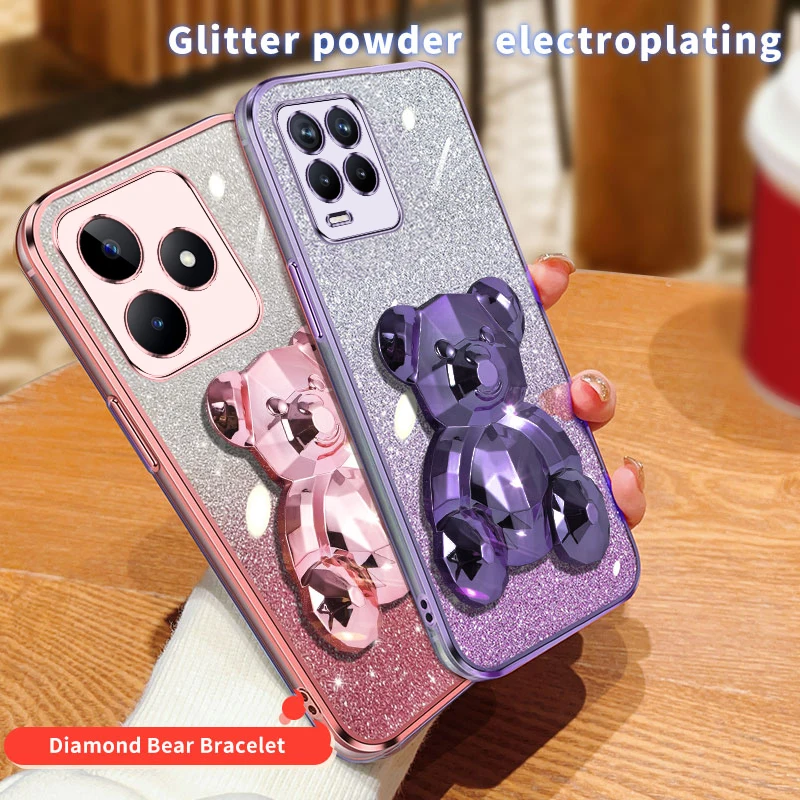 C 53 55 35 15 Luxury Glitter Plating Bear Holder Case For Oppo Realme C55 C53 C31 C35 C17 C11 C20 C30 C15 Stand Cover V 11 13 25