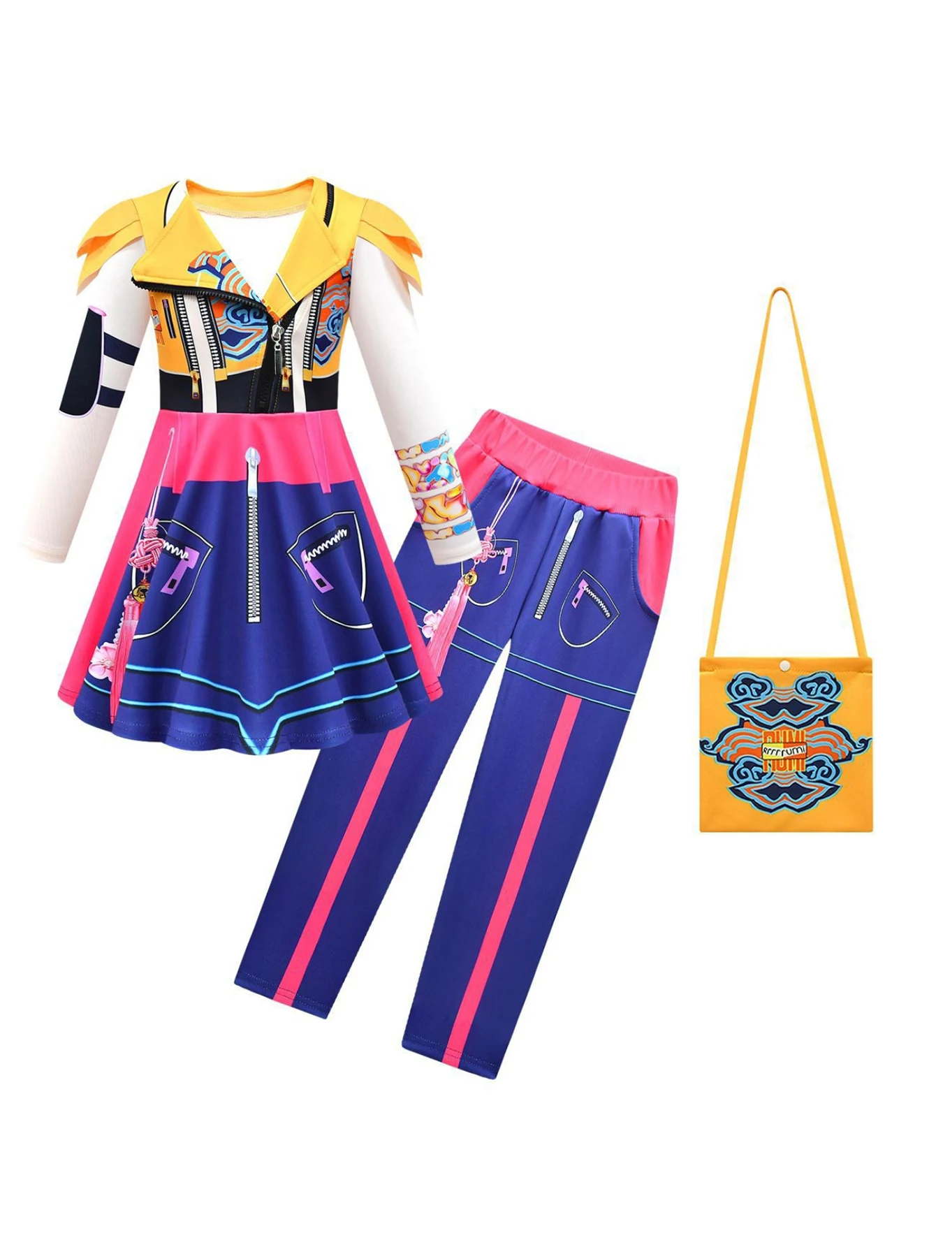 Girls Fancy Cosplay Dress Up Costume Kids 3Pcs Blue Yellow Printed Long Sleeve Top Skirt Pants Set For Halloween Birthday Party