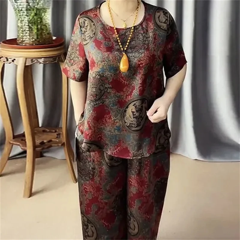 Middle-Aged  Elderly Mothers Summer Women 2022 New Fashion Loose  Thin Retro Printing Two-Piece Set