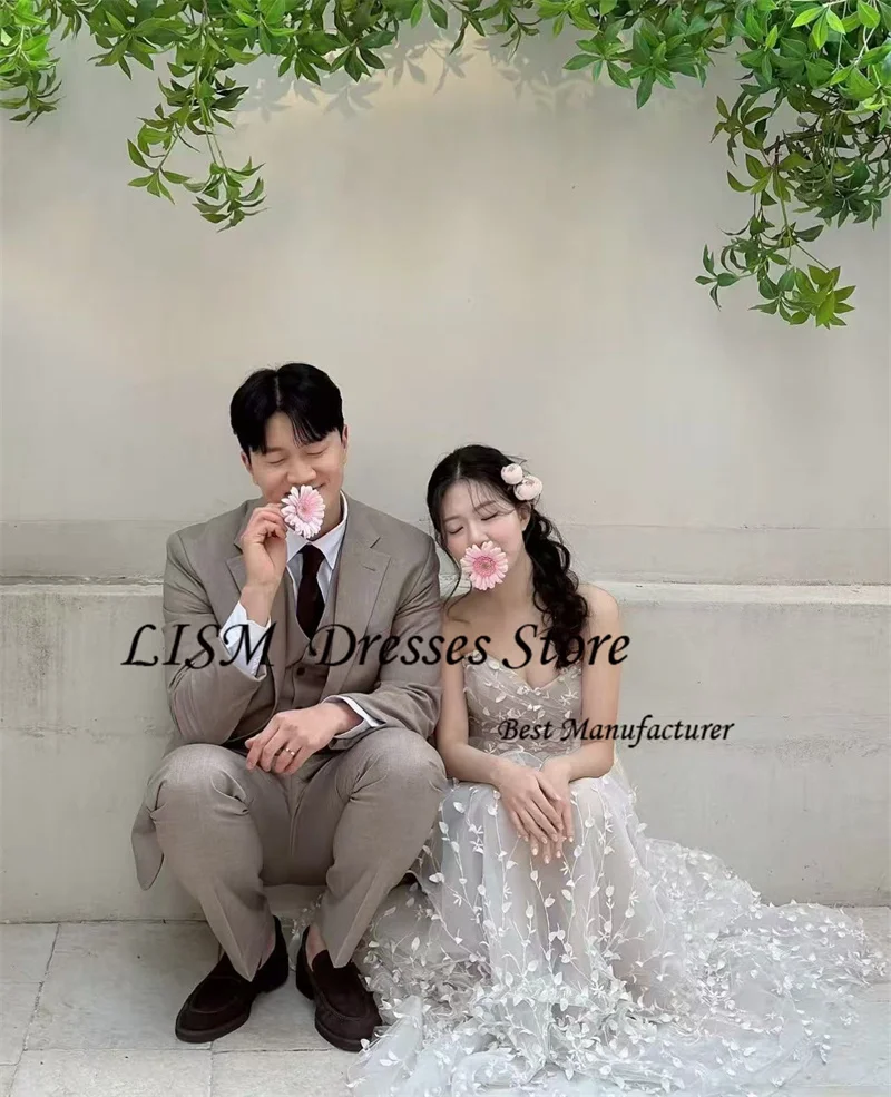 LISM Fairy Lace Floral Wedding Dresses Korea Photo shoot Sweetheart Floor Length Country Bride gowns Corset Back Customized