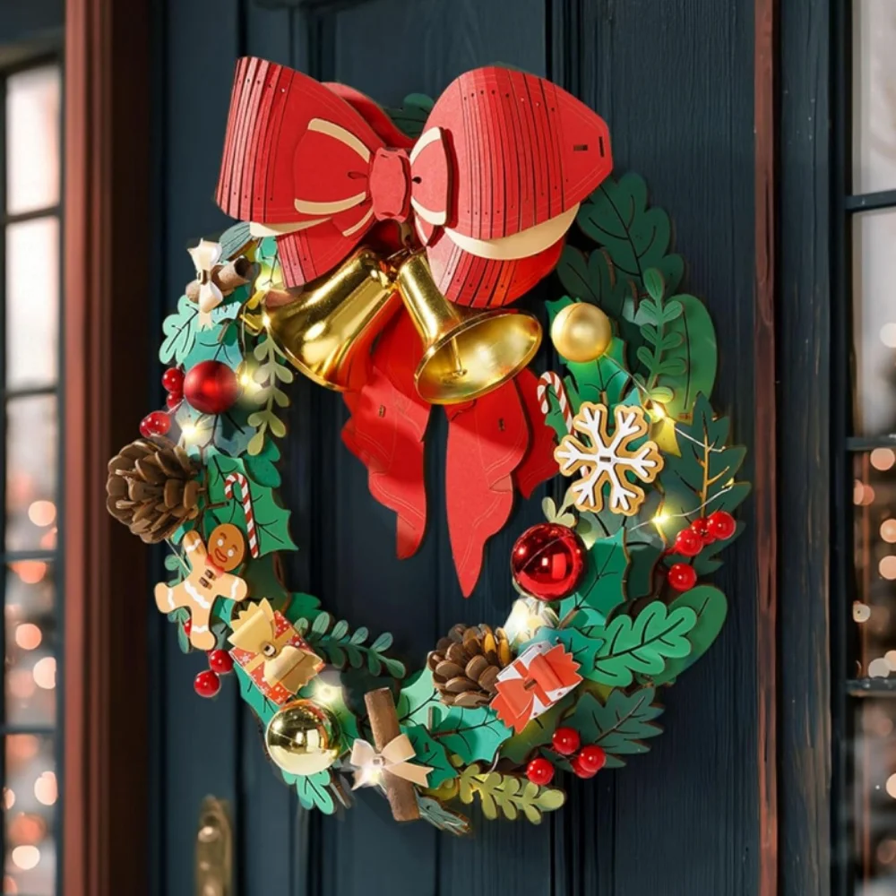 

Robotime Rolife Wooden Puzzle Christmas Wreath 16in Eucalyptus Wreath Red Bow Golden Bell LED Lights DIY Holiday Christmas Decor