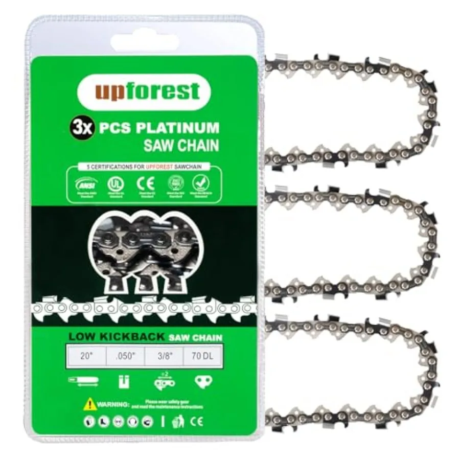 

20 Inch Chainsaw Chain 3 Pack - D70 -.050" Gauge, 3/8" Pitch, 70 Drive Links Low Kickback fits Craftsman, Echo, Homelite, Poula