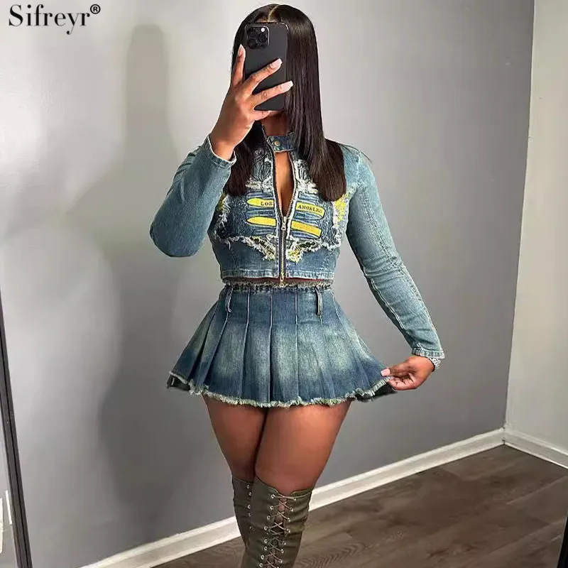 

Sifreyr Lmitation Denim Pleated Skirts Set Half High Collar Long Sleeve Embroidered Zipper Cardigan Top Wrapped Hip Skirt Suit