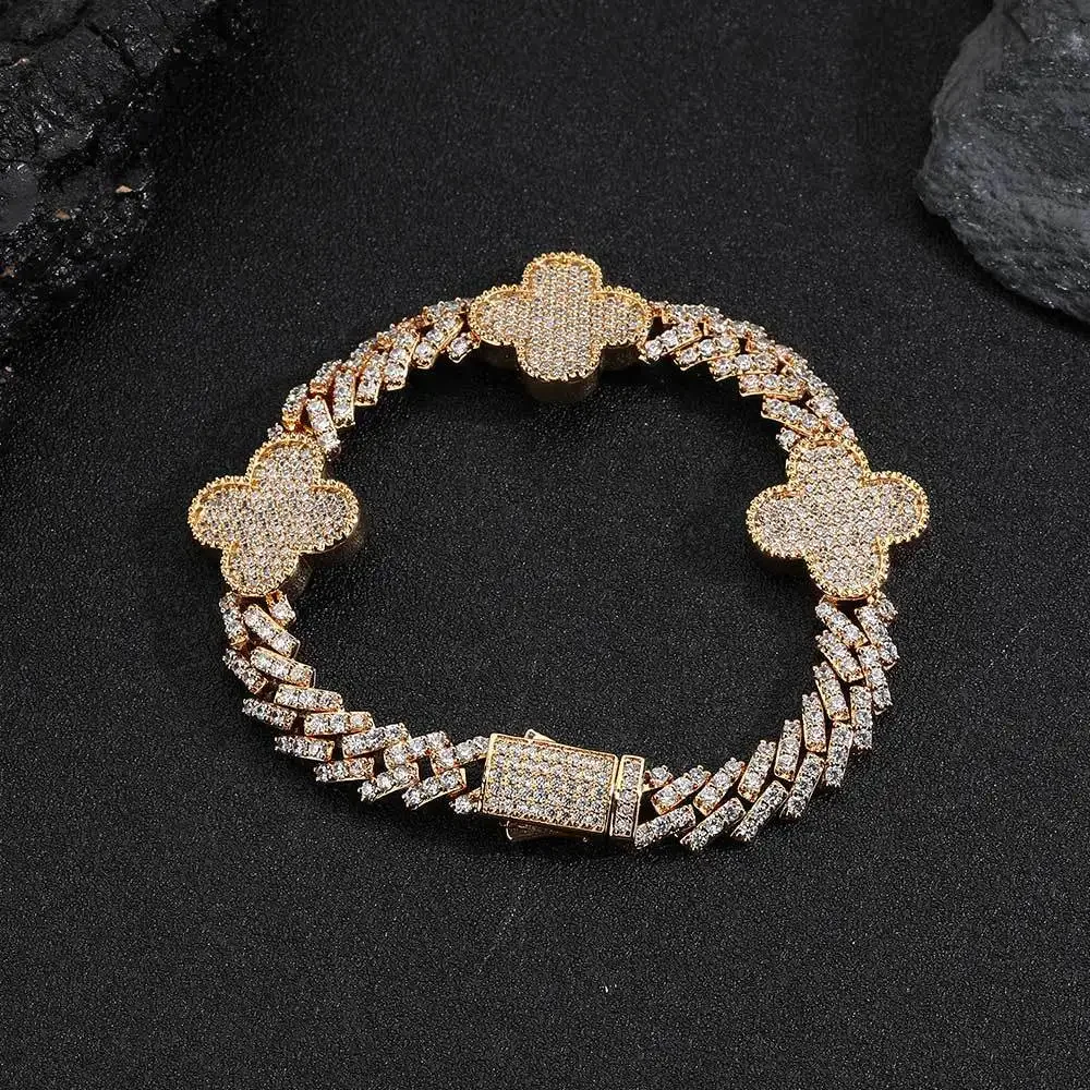 Cuban Bracelet Gold Hip Hop Spring Buckle Clover Rhombus Cuban Chain Zircon Bracelet for Men