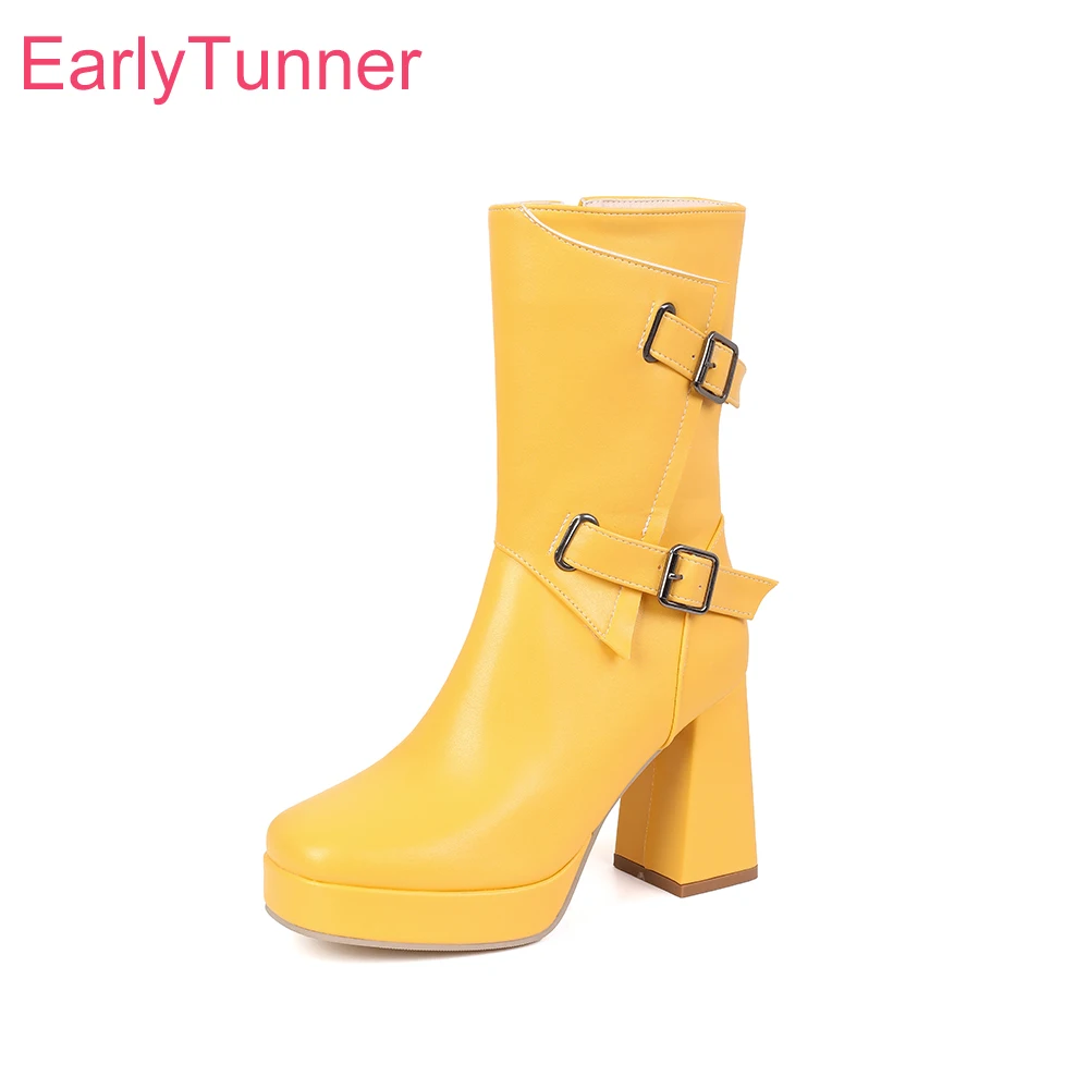2026 Winter Fashion Women Mid Calf Platform Boots Super High Block Heels Lady Party Shoes Large Plus Size 13 43 46 50 Non-slip