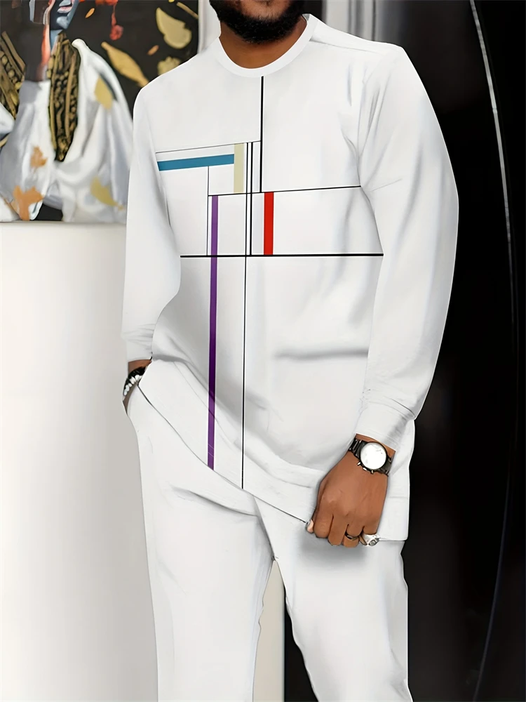 Top da uomo autunno a maniche lunghe girocollo e pantaloni con coulisse Set stampa a righe Set da due pezzi stile sportivo all'aria aperta alla moda