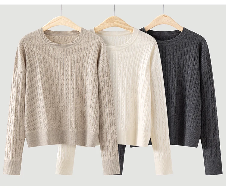 ML62062 Damen Minimalistischer Zopfmuster-Pullover mit Rundhalsausschnitt, Langarm, Modal-Mischung, Weich und Warm, Herbst-Winter-Oberteil – Detail 12