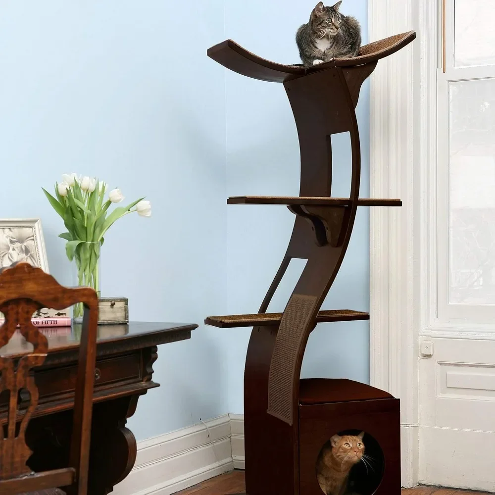 THE REFINED FELINE 69 Inch Tall Black Espresso Lotus Cat Tower, Multi-Level Modern Cat Tree for Indoor Cats with Scratching Post