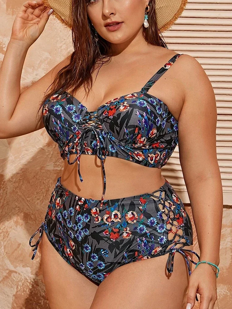 Traje de baño de corte de encaje para mujer, conjunto de bikini de cintura alta, y pendiente push-pull, traje de baño grande 4XL, novedoso