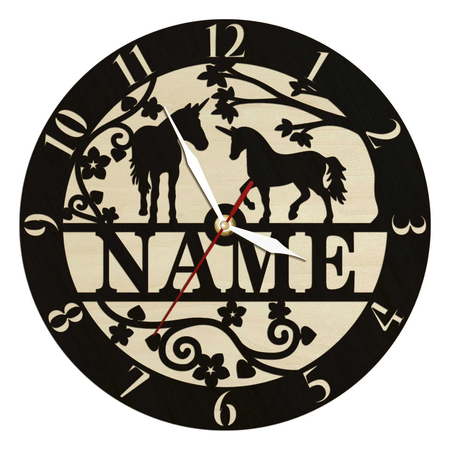 Unicorn Name Sign Wood Wall Clock For Girl Room Custom Nursery Wall Art Fantasy Themed Home Decor Watch Magic Horse Custom Clock