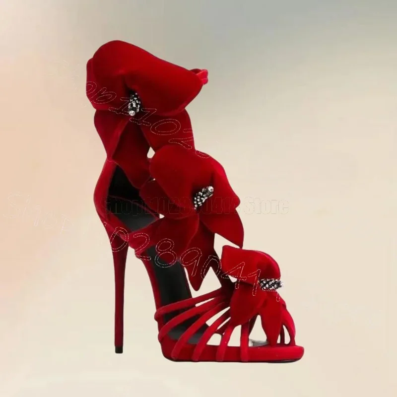 

Red Suede Flower Crystal Decor Sandals Back Zipper Women Shoes Thin High Heels Peep Toe Party Banquet 2025 Zapatos Para Mujere