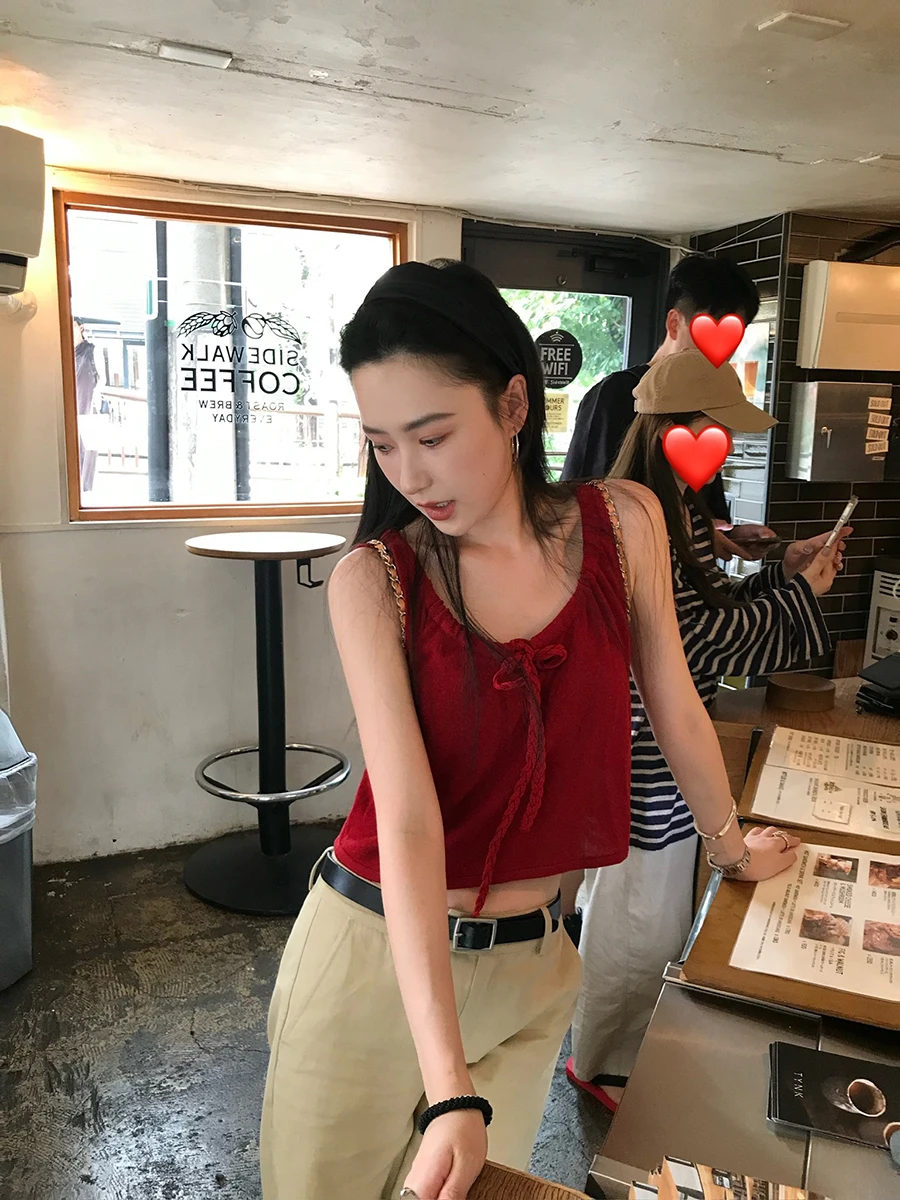 

Isaro Uu Lenzing Lyocell Linen Vintage Red Svel Knitted Vest with Loose Dstring Commute Sle Women's Outerwear