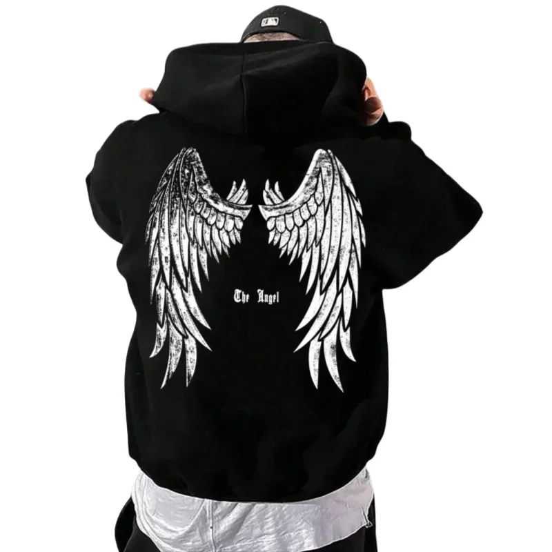 Oversize Street Style Korean Hip-hop Unisex Pullover Hooded Sweatshirt 2024 Autumn New Item Back Wing Print Pure Cotton Tops