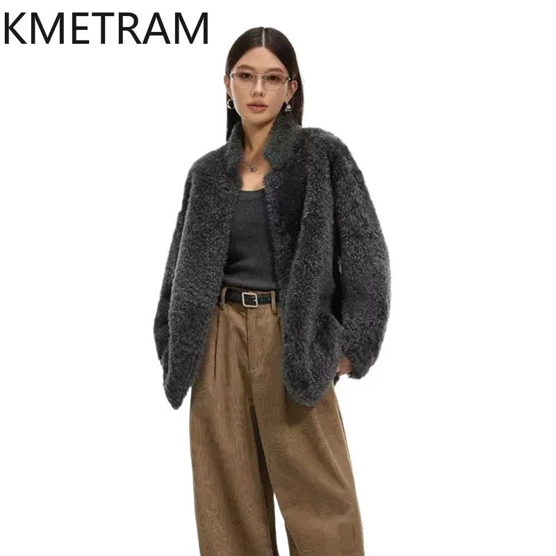 KMETRAM Natural Lacon Sheepskin with Wool Attached Jacket Reversible Winter Coats Real Fur Coat 75cm 2026 Woman Clothing jaqueta