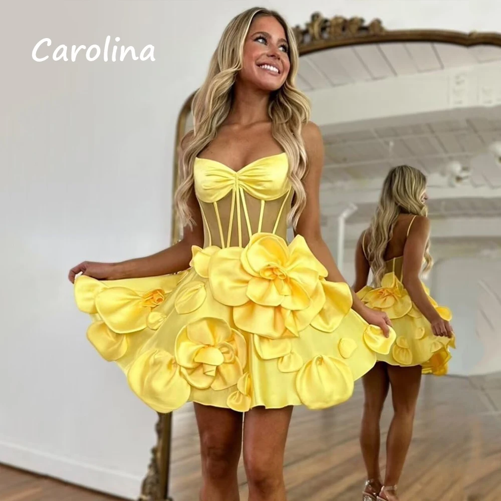 Carolina Short Satin Homecoming Dresses for Teens 2024 3D Floral Corset Prom Dress Spaghetti Strap Cocktail Dress