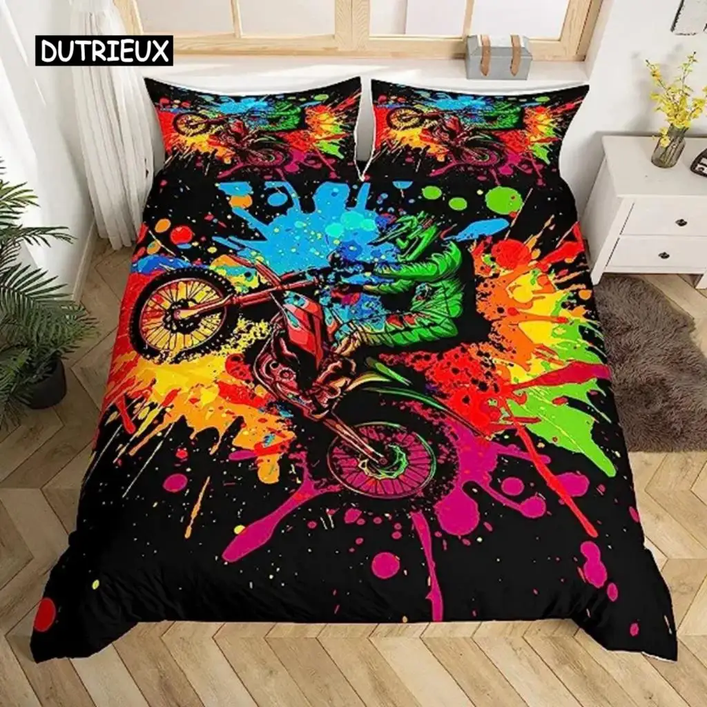 Motocross Duvet Cover Boys Motorcycle Racer Comforter Cover Extreme Sport Tie Dye Duvet Cover Dirt Bike Motor Vehicles Bikers