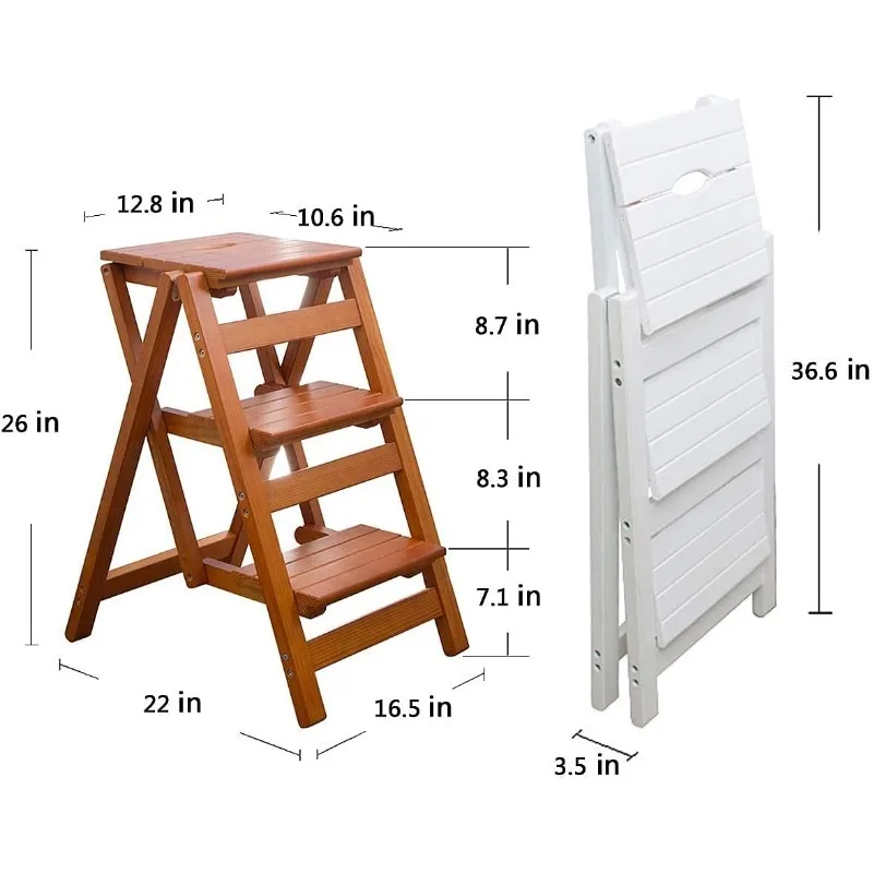 Step Stool for Adults/Step Ladder/Counter Chair, 3-Step Folding Portable Wooden Ladder, Anti-Slip & Lightweight Nut - Brown