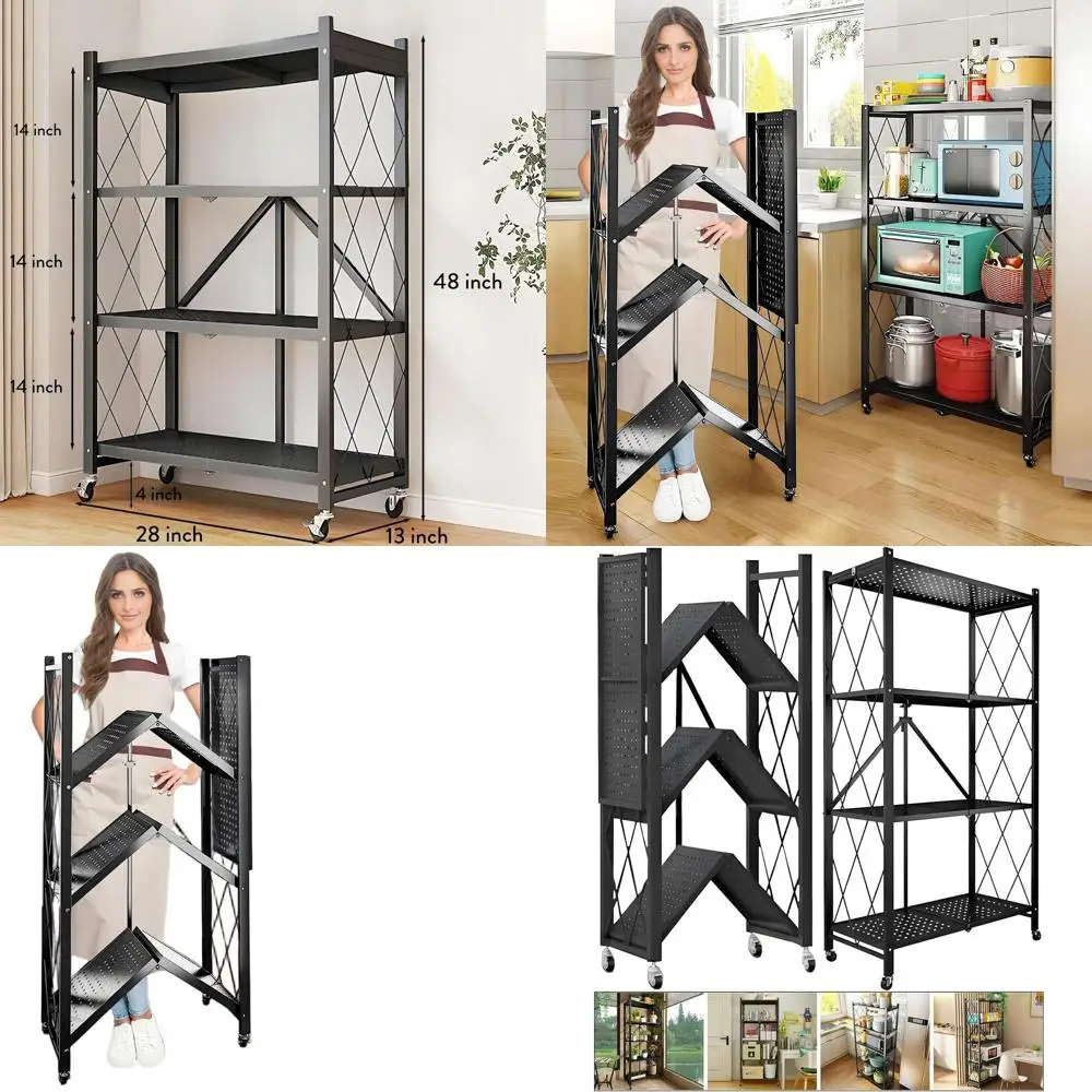 

Portable Metal 4-Tier Kitchen Rack with Wheels, Foldable Garage Storage Shelves, 28x13x48 Microwave Stand
