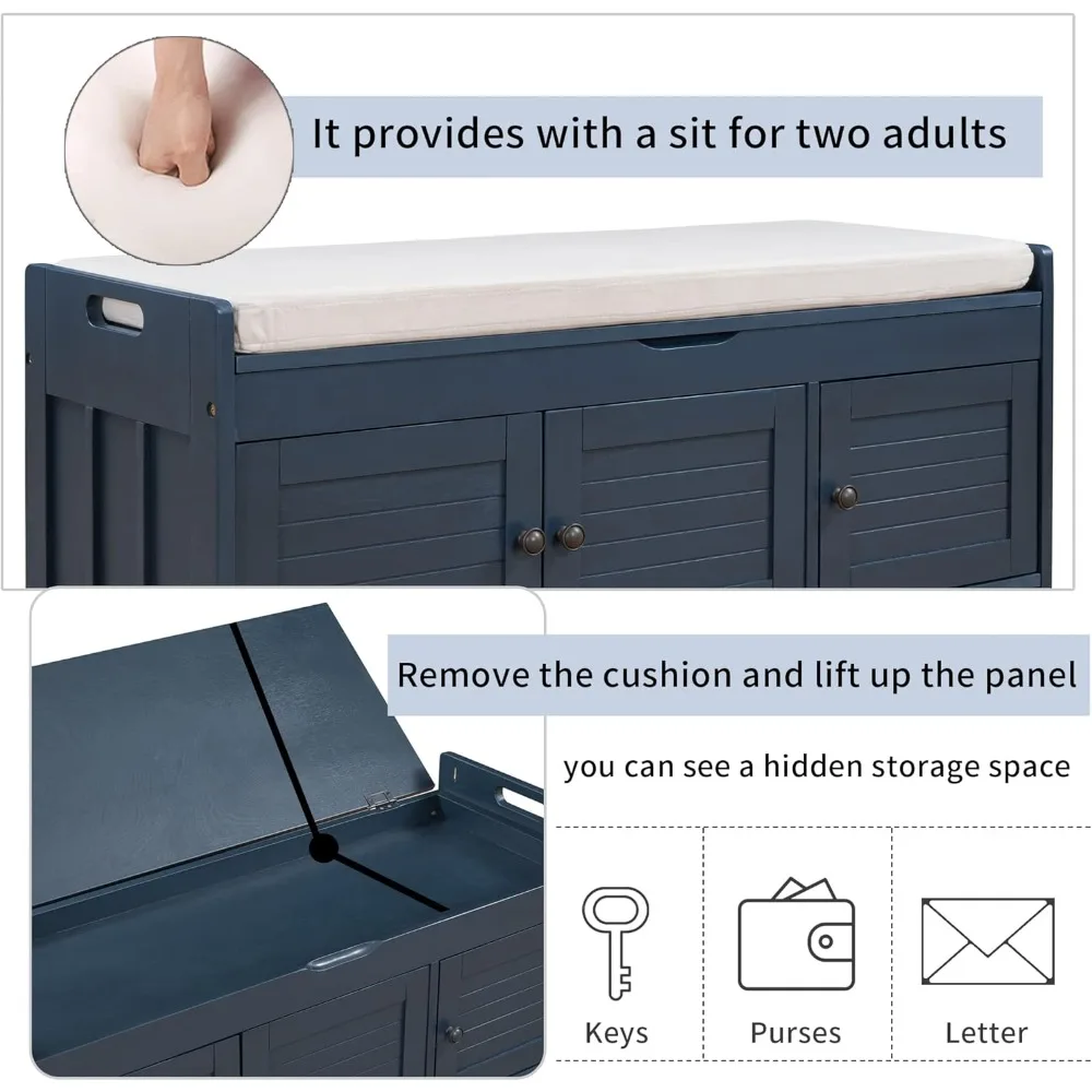 Upholstered Storage Bench with Removable Cushion and Hidden Storage - Wooden Entryway Shoe Ottoman for 3 Pairs