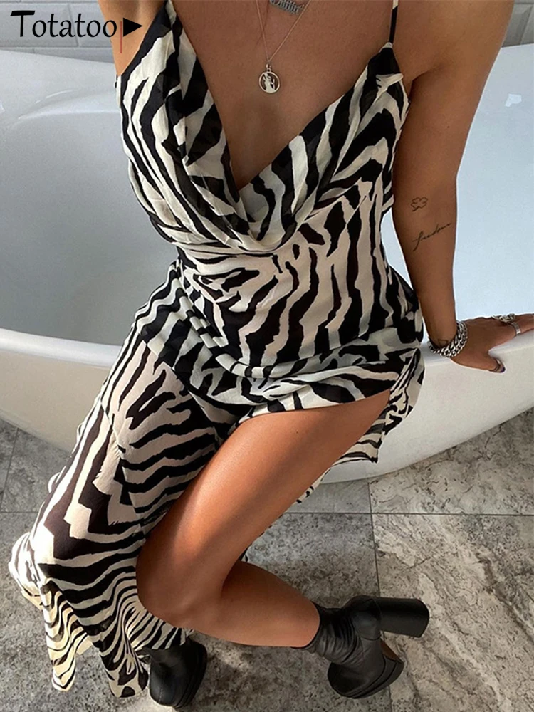 Totatoop Zebra Print Transparent Beach Long Dress For Women 2024 Summer Strap V Neck High Split Cover Ups Dresses Holiday Party