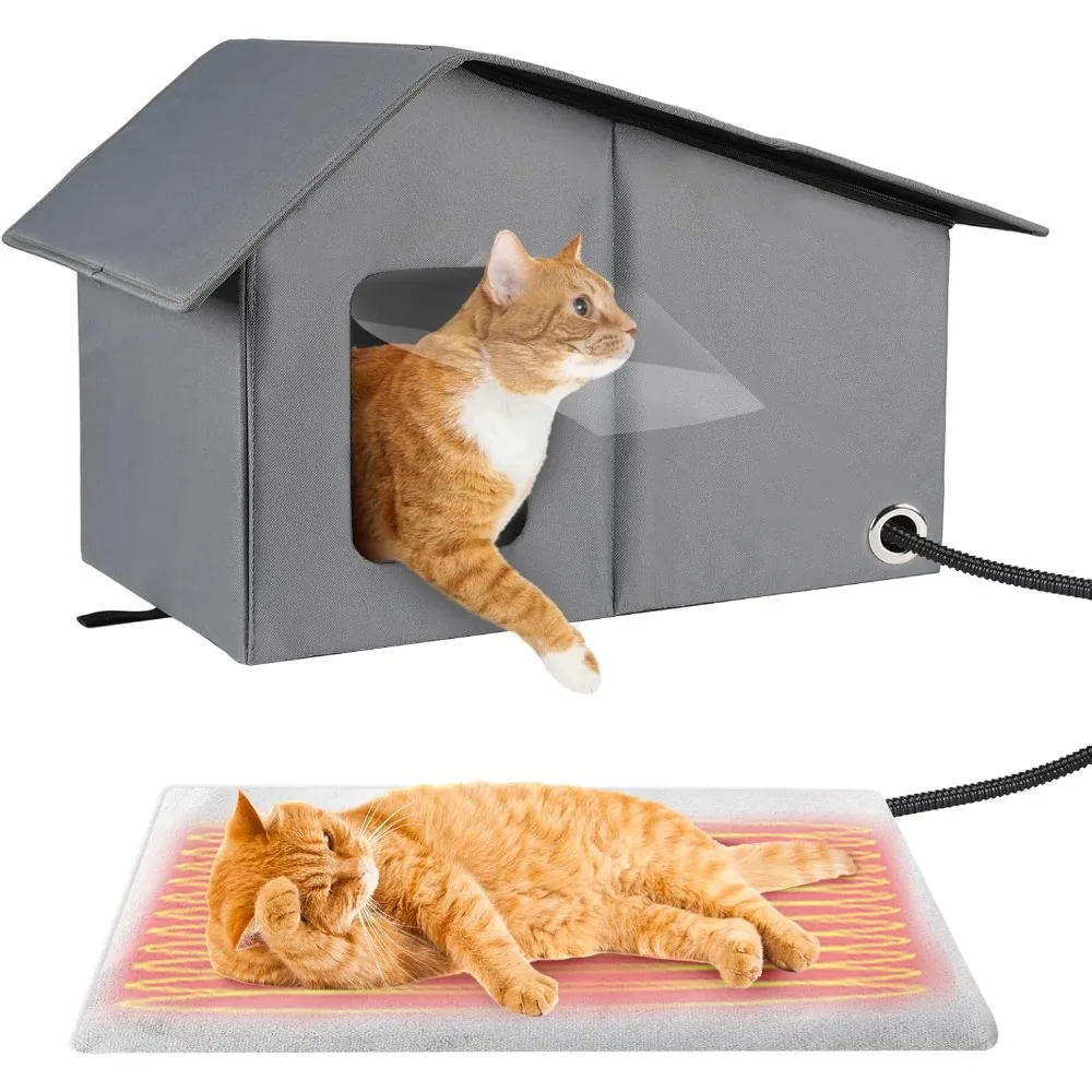 Large Heated Cat House, Waterproof Outdoor Cat Shelter for Winter with Thermostatic Heating Pad and Escape Door