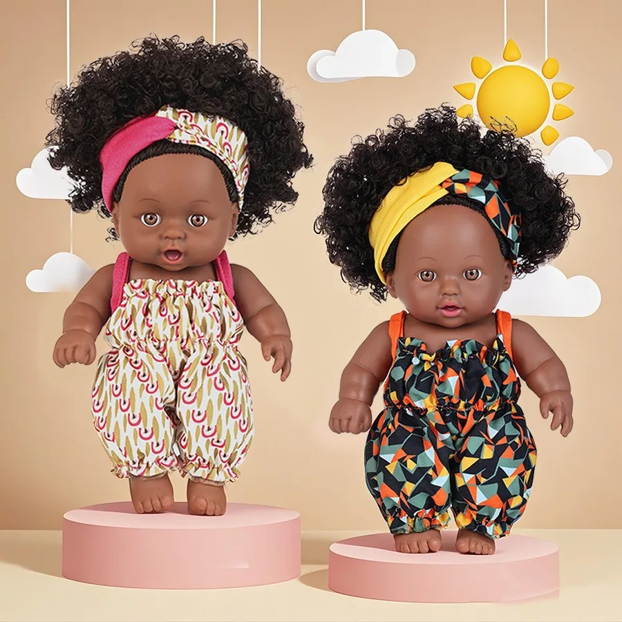 

8 Inch Black Reborn Baby Doll With Clothes Set African American Curly Hair Black Skin Girl Doll Fashion Outfit Dress Kids Toy