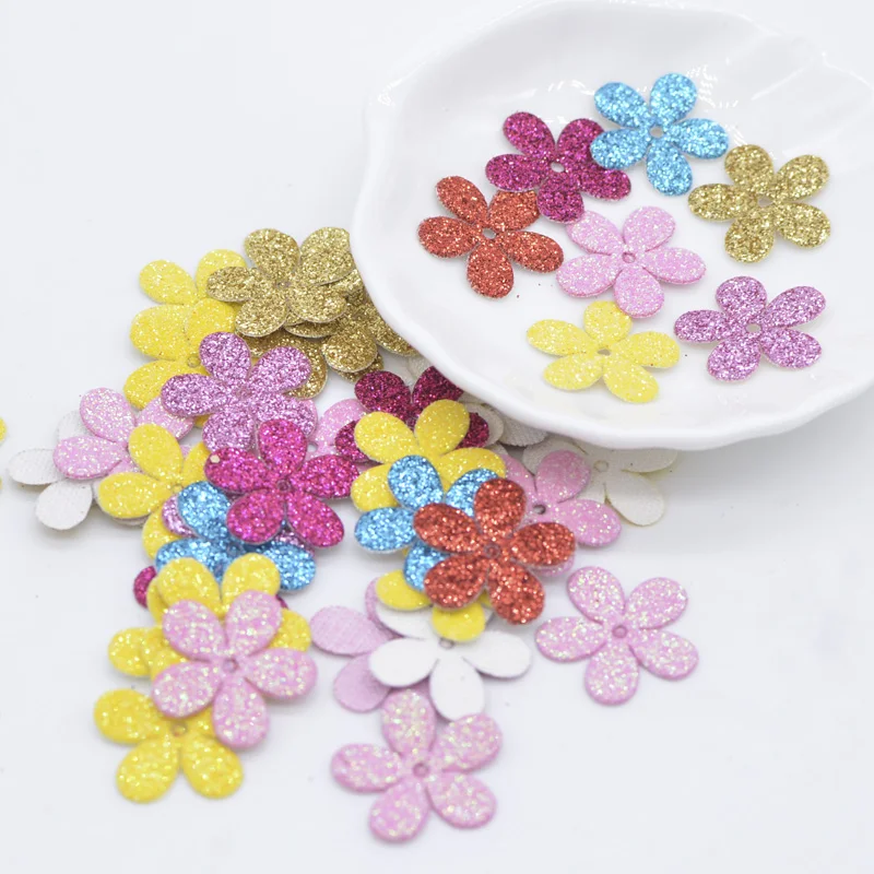 100 Pz/lotto Misto Glitter In Pelle Forma di Fiore Appliques per Vestiti FAI DA TE Mestiere Forniture Per Cucire Copricapi Cappello Decor Accessori