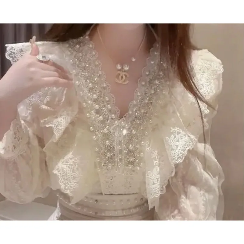 2024 Autumn New Temperament Office Lady Pearl Multi-layer Lace Shirt Bubble Sleeve V-neck Slim Fit Women Blouse Top