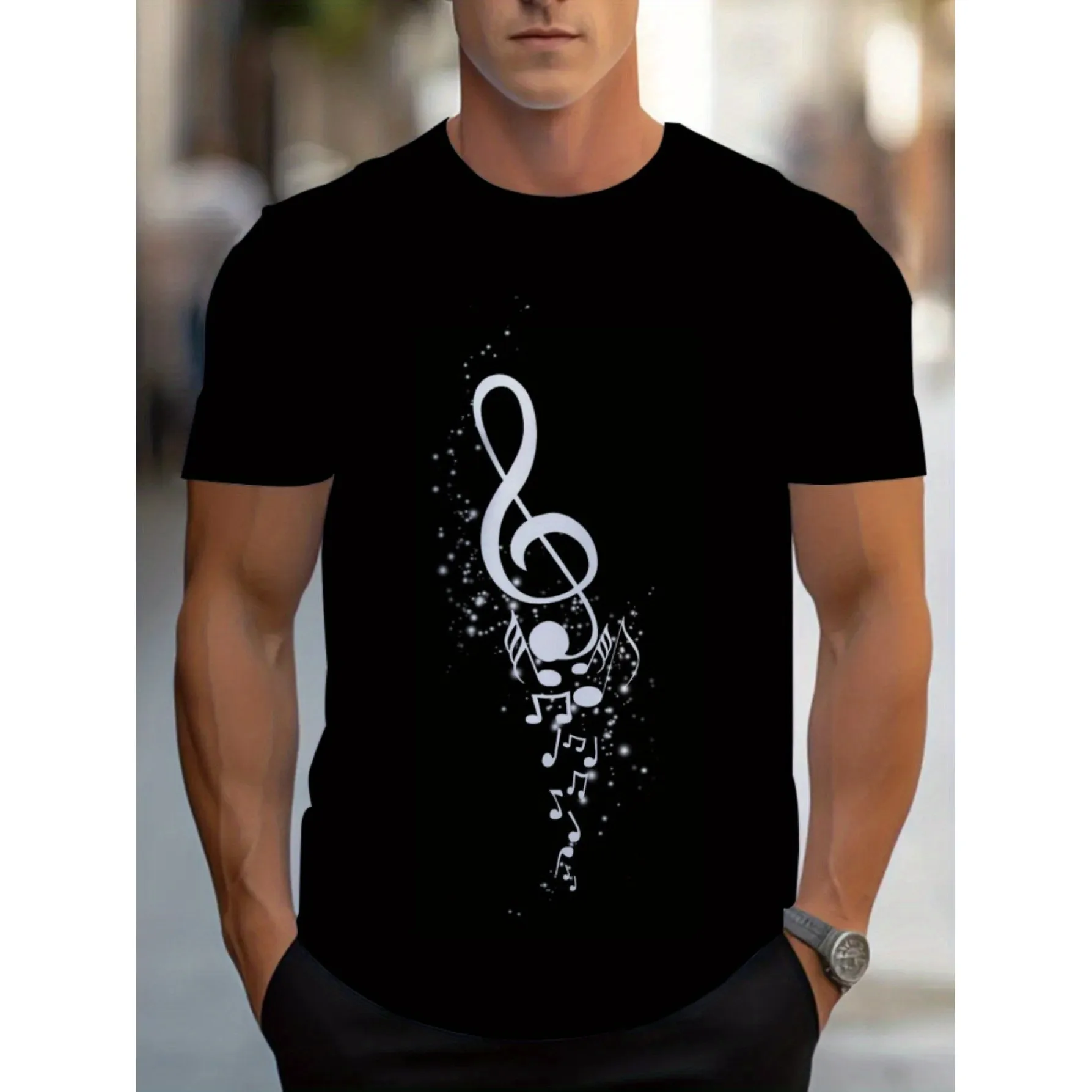 Treble Clef Musical Note Graphic Tee for Men, Breathable Cotton Casual Round Neck T-Shirt for All Seasons