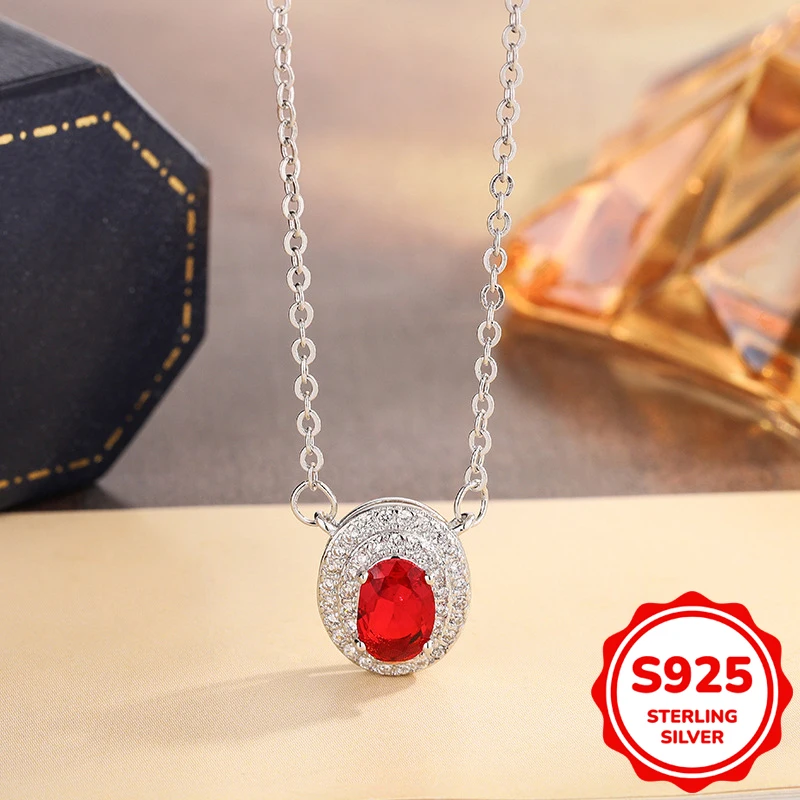 

Fashion authentic S925 sterling silve oval fourclaw ruby ​​geometric pendant necklace women engagement clavicle chain jewelry