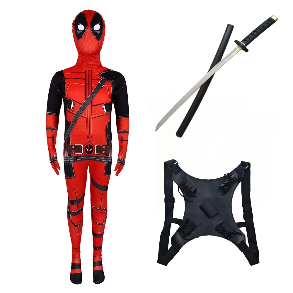 

Superhero Deadpool Cosplay Suit Jumpsuit Backpack Accessories Fantasy Movie Character Mask Tights With Sword And Bag Holiday Set