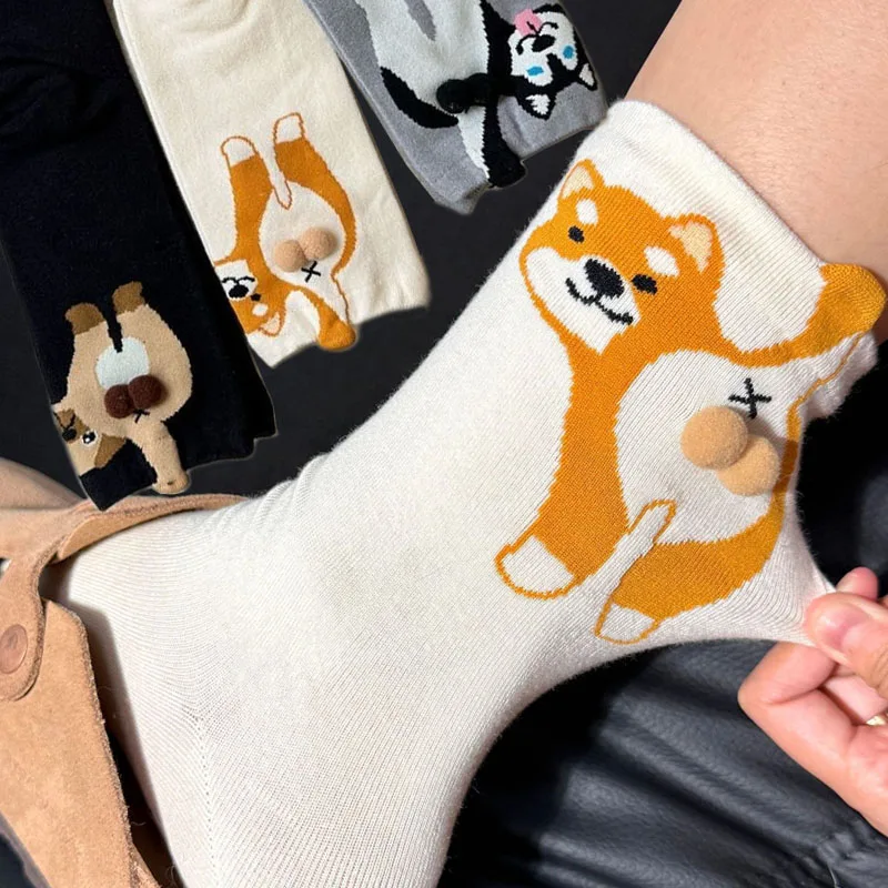 

Kawaii Dog Balls с принтом средних носков-трубочек, мягкие осенне-зимние дышащие креативные теплые уютные женские носки в стиле Лолиты, подарки