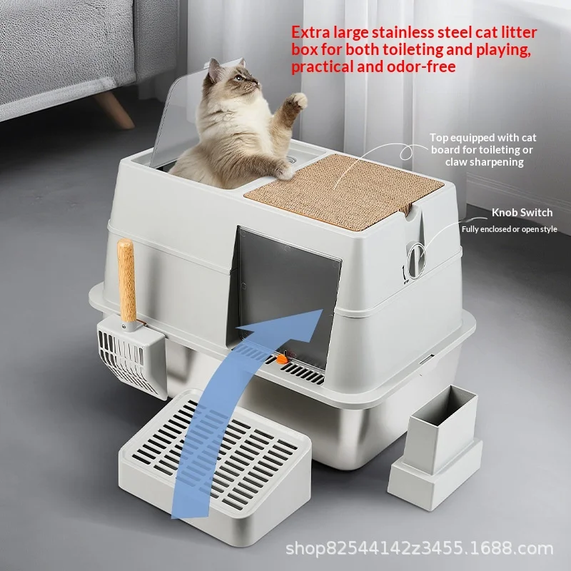 Caja de arena cerrada de acero inox antisalpicaduras para gatos - imagen 4