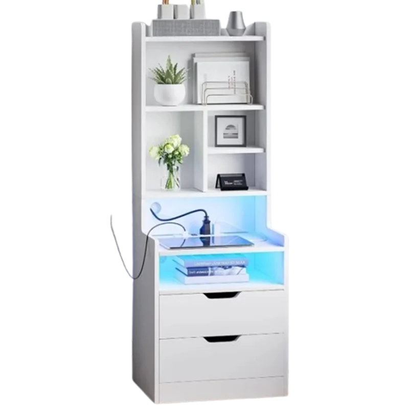 Tall Night Stand with Charging Station and LED Lights,White Nightstand with Bookshelf,Bedside Table with Drawers & Power Outlets