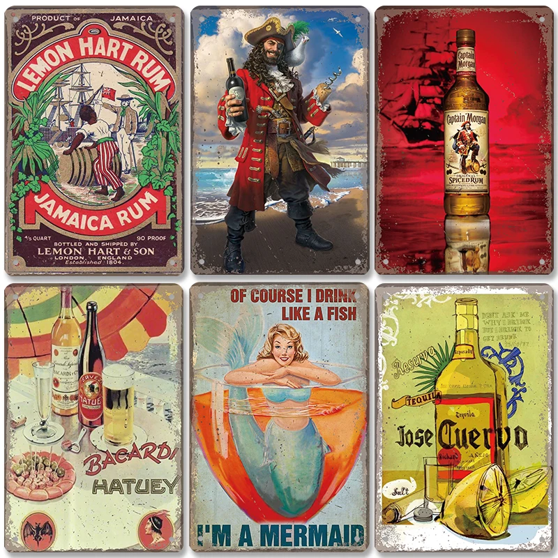 Rum-Marken-Plakette Vintage Metallschilder Kapitän Meerjungfrau Metallposter Retro Wandkunst Deko für Bar Pub Club Wohnzimmer Zuhause