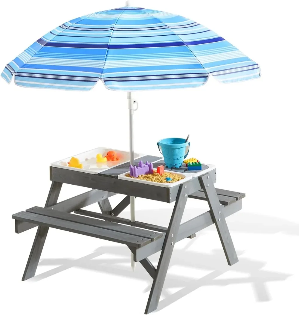 

Kids Picnic Table Play Sand and Water Sensory Table with Height Adjustable Umbrella & Removable Tabletop with 3 Storage Bins