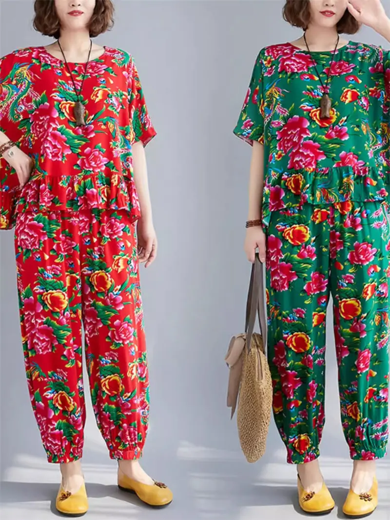 Ethnic Style Shirt And Pants Set Women's 2024 Summer Retro Lotus Leaf Edge Top + Casual Trousers Two-Piece Chinese Outfit k227