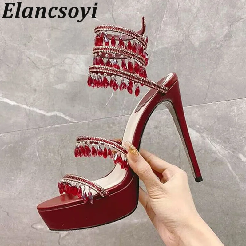 Sandalias Rhinestone Tassels Thin High Heels Sandals Women Summer Snake Twine Around Ankle Strap Waterproof Platform Dress Shoes