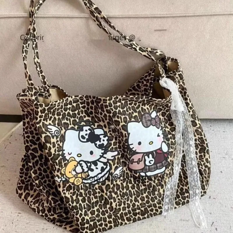 

New Sanrio Hello Kitty Leopard Print Messenger Bags Soft Handbag Y2k Women Versatile Vintage Fashion Pouch Handbag Tote Gifts