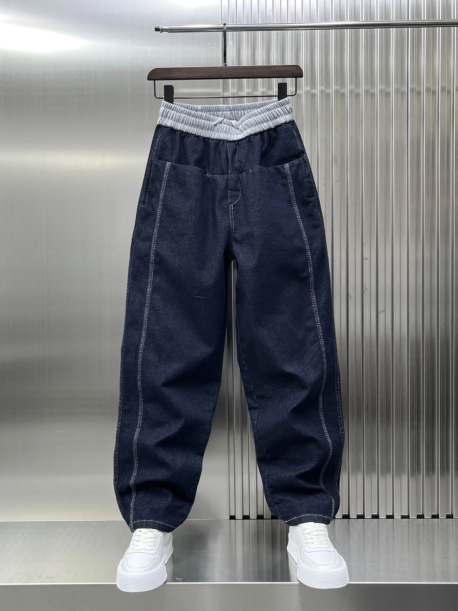 

Джинсы из денима в стиле ретро, американские, мужские, прямые, свободные, синие, модные, брендовые, универсальные, на флисовой подкладке, осенне-зимние, новинка