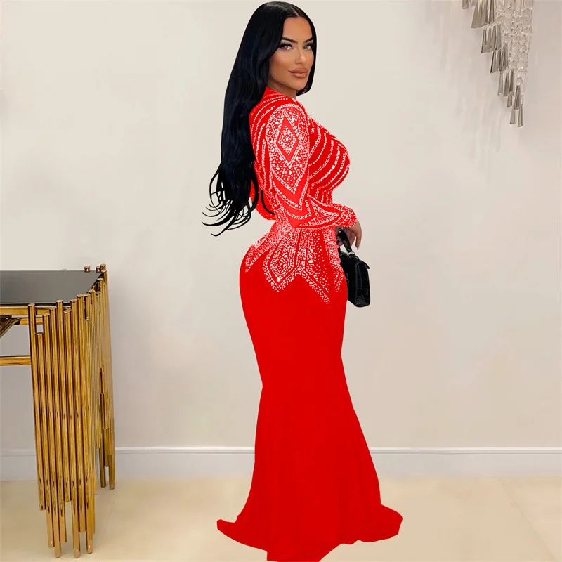 ชุดราตรีประดับเพชรระยิบระยับ Doyerl สำหรับงานวันเกิด ผู้หญิง ชุดราตรีออกงาน แขนยาว คอวี ชุดออกงานกลางคืน ชุดไปงานพรอม