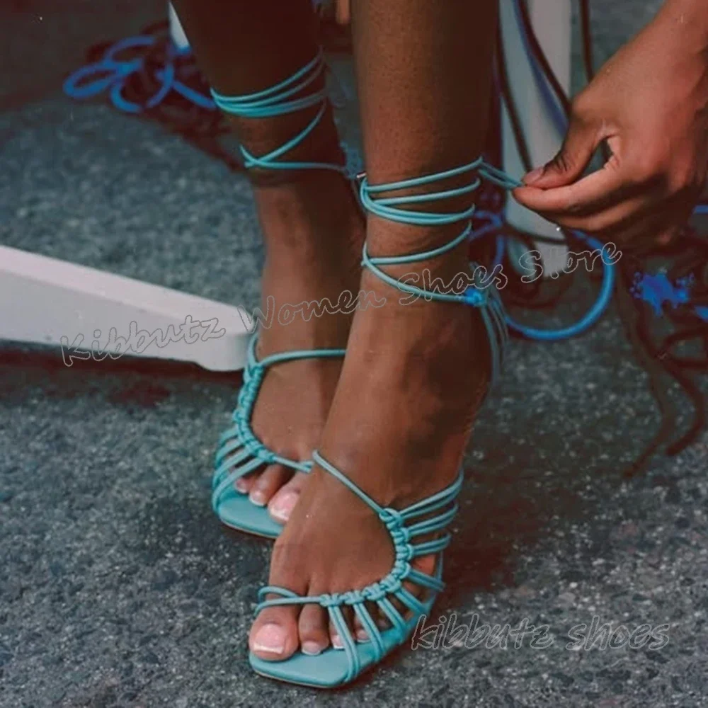 

Rome Lace-Up Sandals Hollow Leather Solid Color Fashion Concise Sexy Elegant Luxury Women Shoes Square Toe Thin Heels Customize