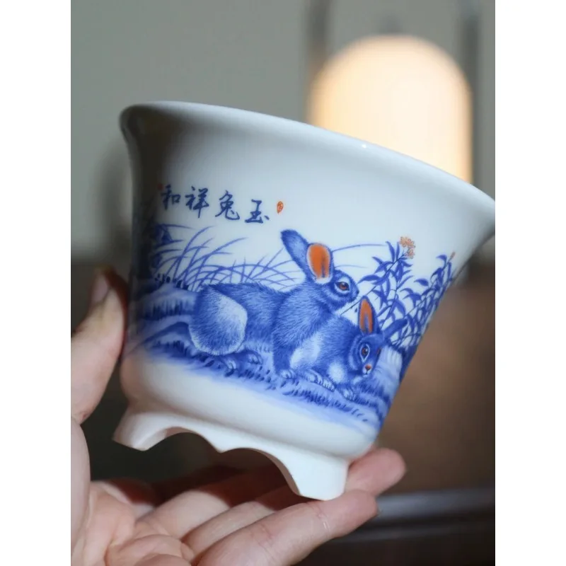 

Porcelain Rabbit Bird Painting Circle Bonsai Pot, Chinese Dormitory, Table Garden Decoration, Porcelain
