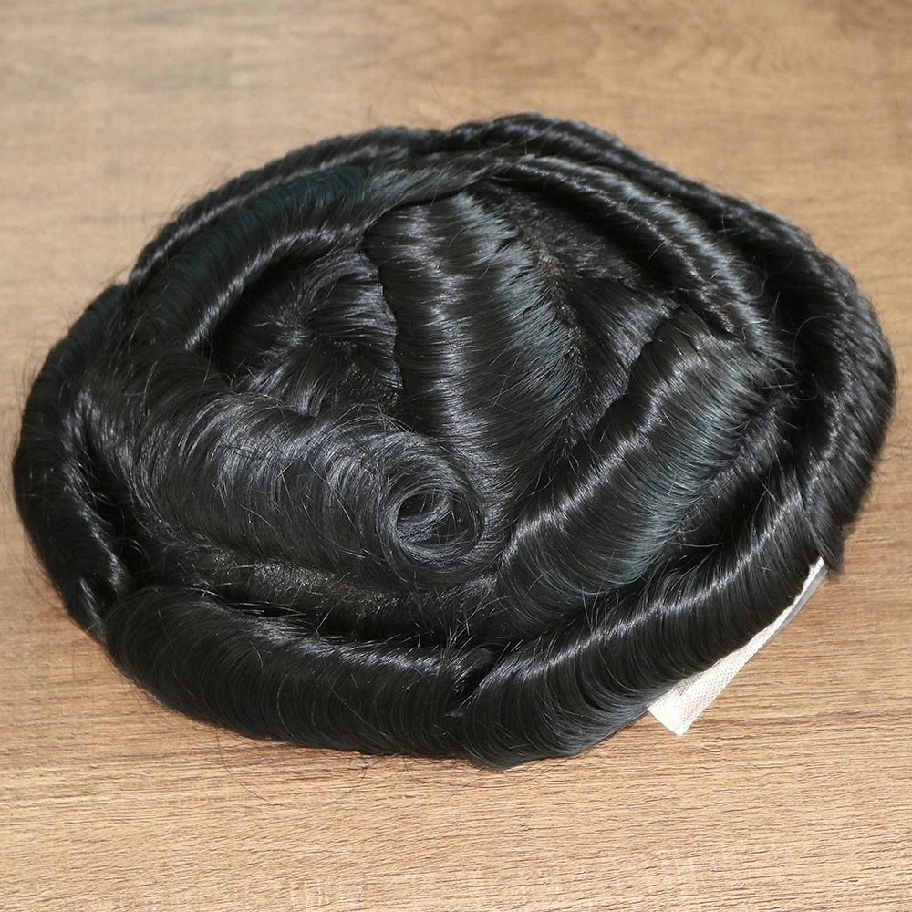 Toupee PU completo para homens, pele fina durável, peruca cinza de seda macia, 100% cabelo humano, onda, 1B80 1B65