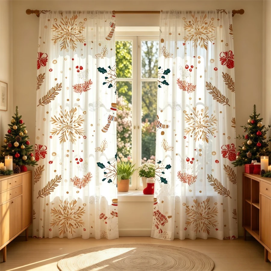 2PCS Christmas Sheer Curtains, Golden Snowflake Red Bow Stocking, Digital Print, Bedroom Living Room, Rod Pocket, Home Decor